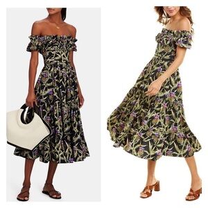 NWT AGUA by AGUA BENDITA Banana Off the Shoulder Midi Dress Black Tropical XS